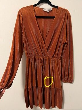 Emma & Michele Rust Orange Long Sleeve Pleated Mini Dress